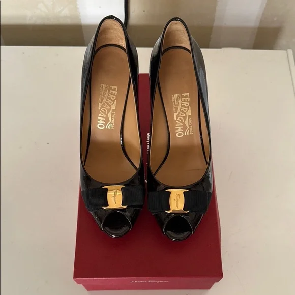 Salvatore Ferragamo Black Patent Leather Peep-Toe Heels - Picture 2 of 6